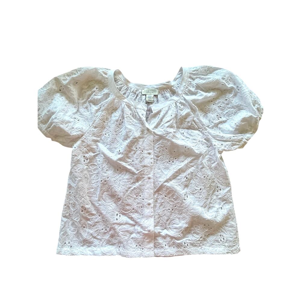 Calypso St Barth White Eyelet Embroidered Blouse Top Size M Boho Puff Sleeve